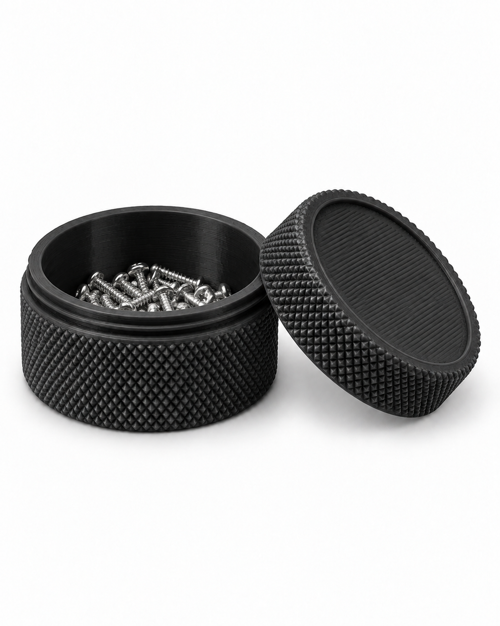 Black 3D-printed small-parts container holding screws