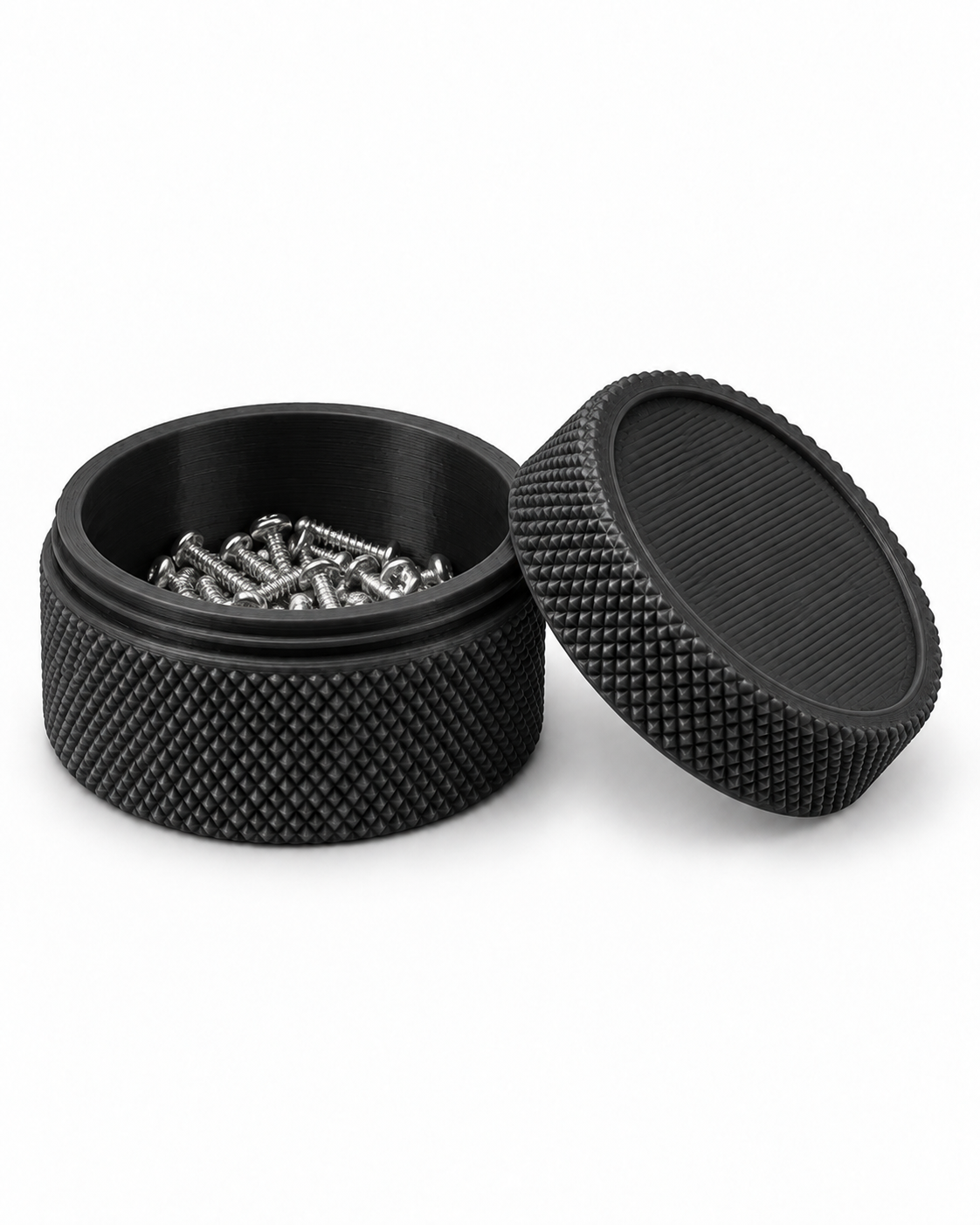 Black 3D-printed small-parts container holding screws