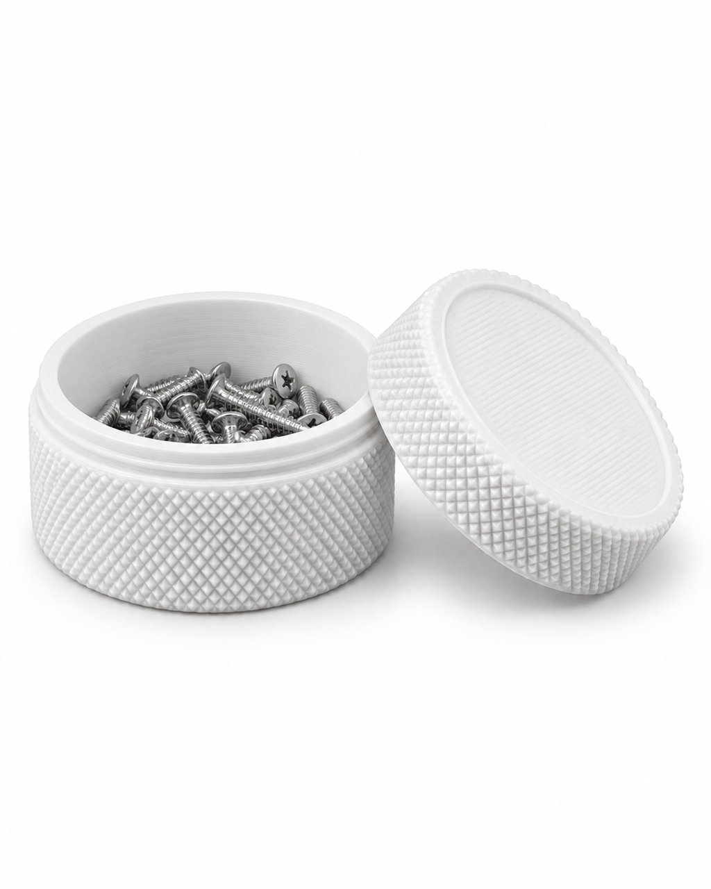 White 3D-printed small-parts container holding screws